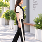 Women’s Navy Blue & Cream Co-Ord Set – Contrast Panel T-Shirt & Wide-Leg Pants