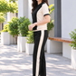 Women’s Navy Blue & Cream Co-Ord Set – Contrast Panel T-Shirt & Wide-Leg Pants