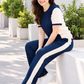 Women’s Navy Blue & Cream Co-Ord Set – Contrast Panel T-Shirt & Wide-Leg Pants