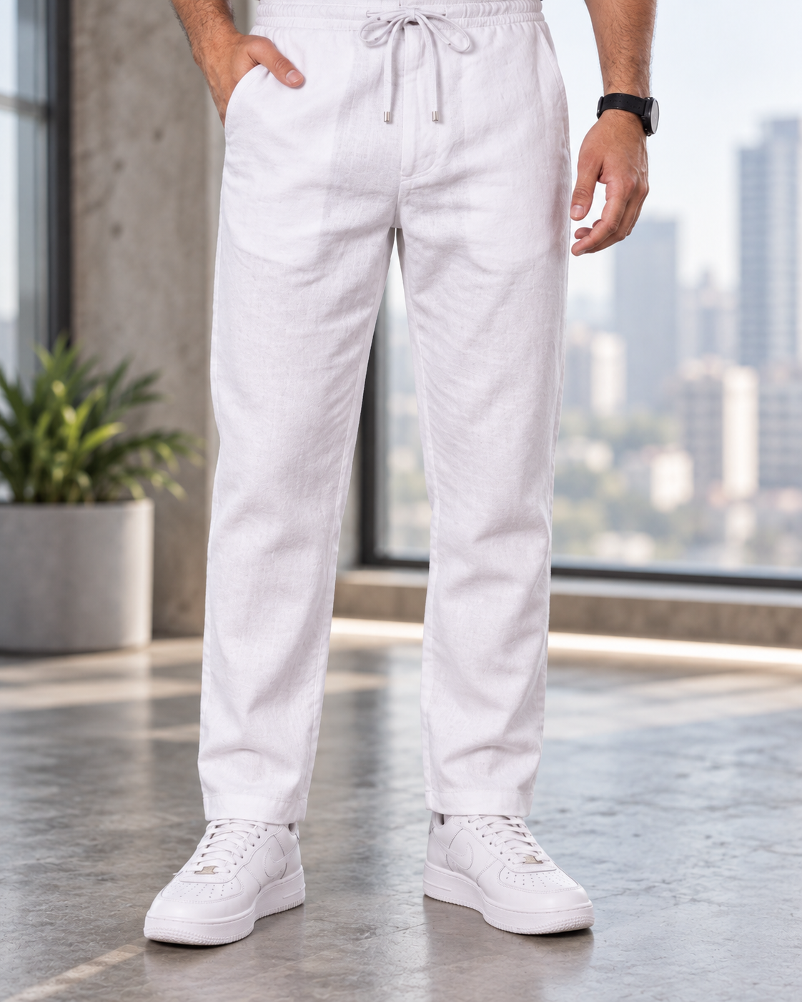 Men's Linen-Blend Drawstring Trousers | Slim Tapered Fit