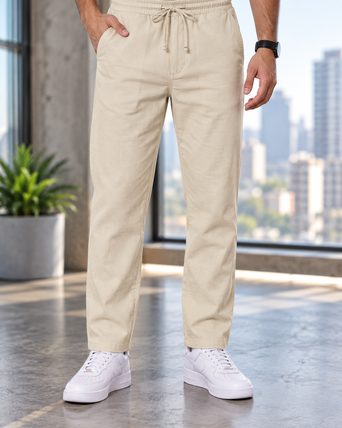 Men's Linen-Blend Drawstring Trousers | Slim Tapered Fit