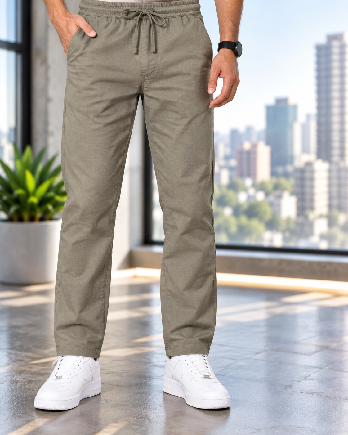 Men's Linen-Blend Drawstring Trousers | Slim Tapered Fit