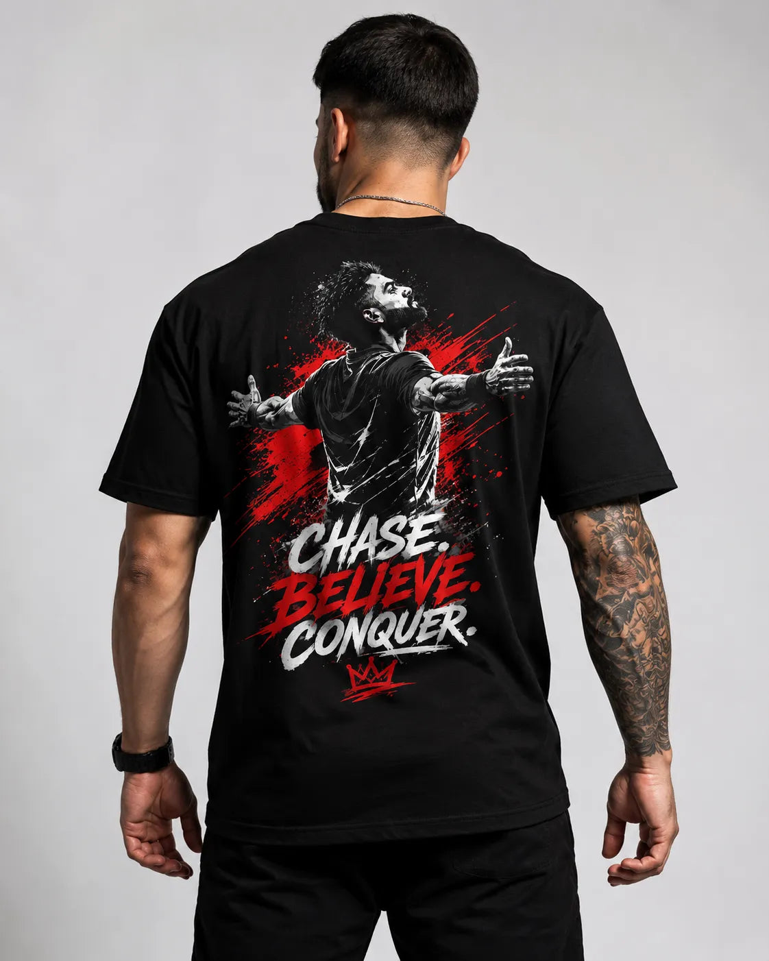 Chase. Believe. Conquer. —Virat Kohli Oversized Graphic Tee